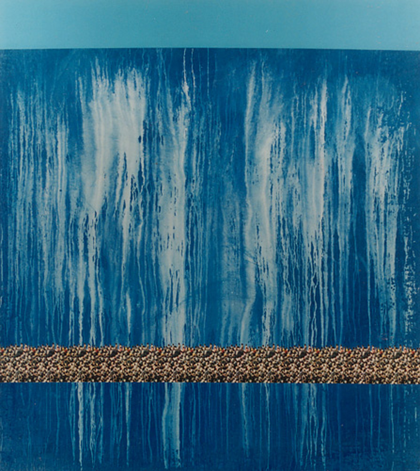 A painting of figures crossing through a crashing sea