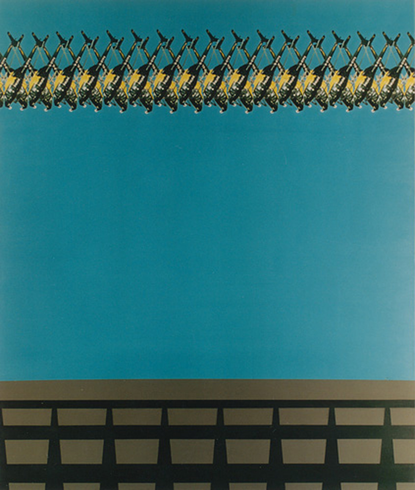 A painting of helicopters circling a concrete landscape