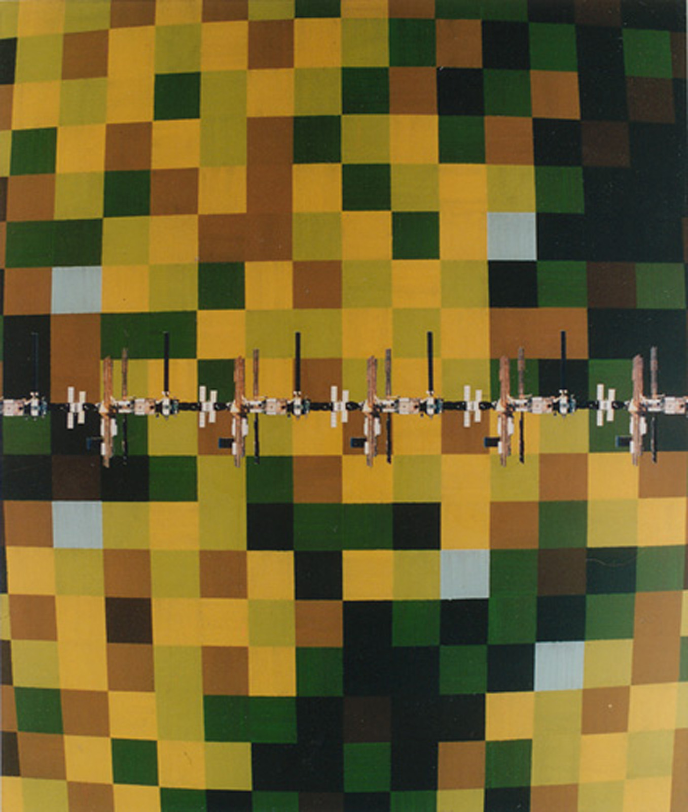 A painting of space stations cirle the world below