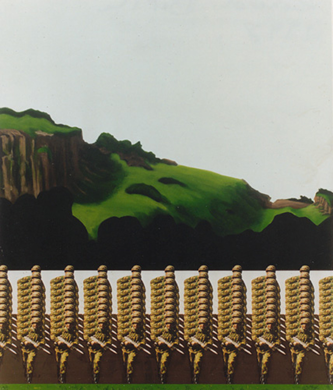 A painting of troops charging through a landscape