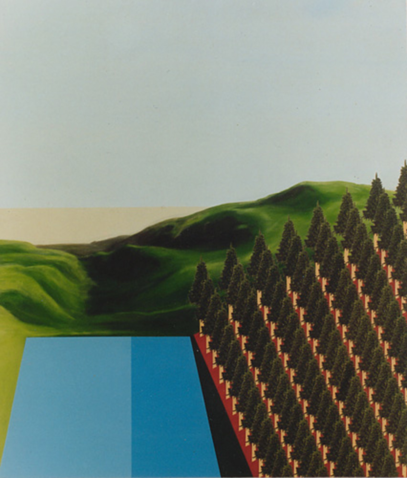 A painting of a pine forest by a reservoir