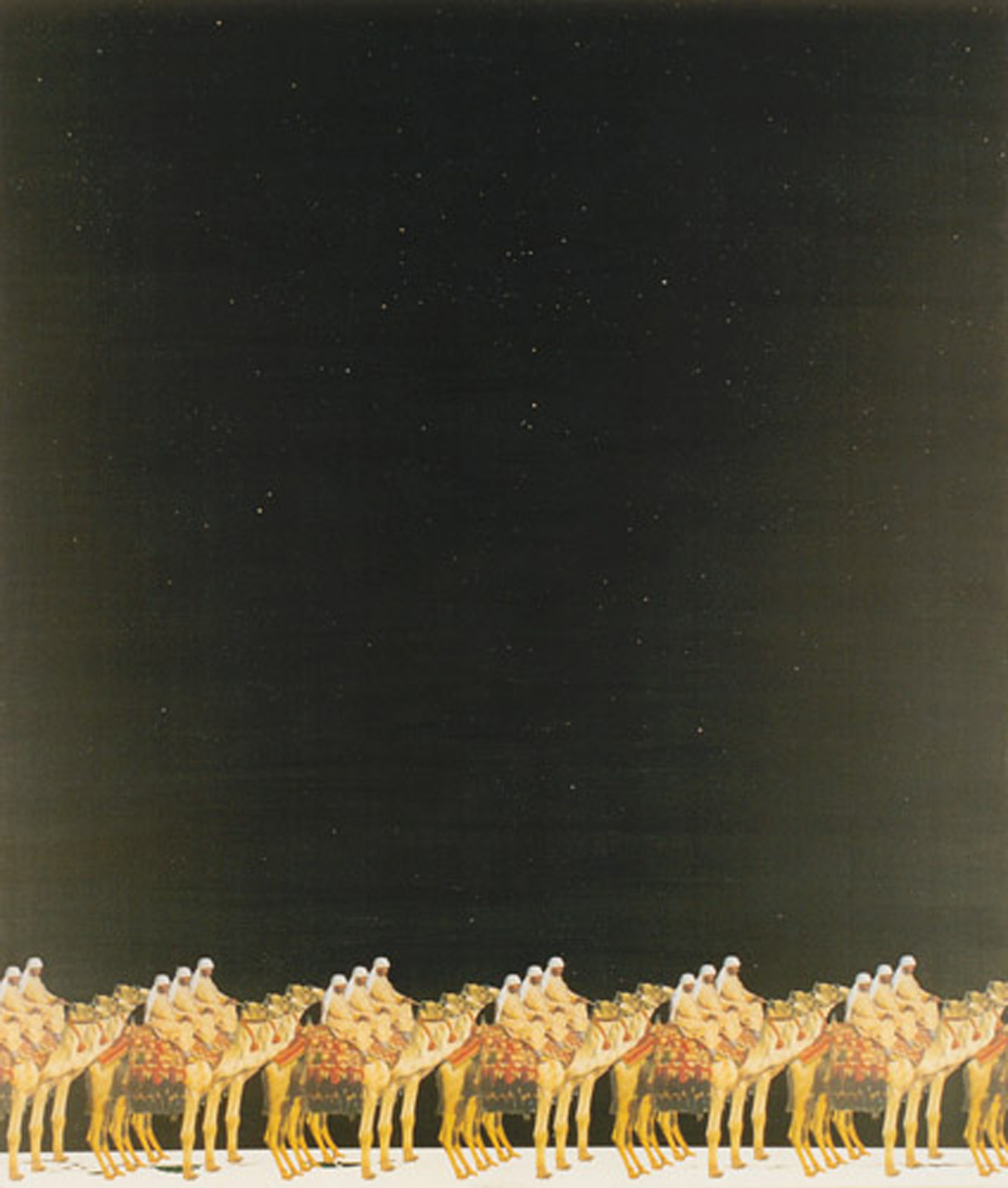 A painting of nomads on camels in a dessert traffic jam