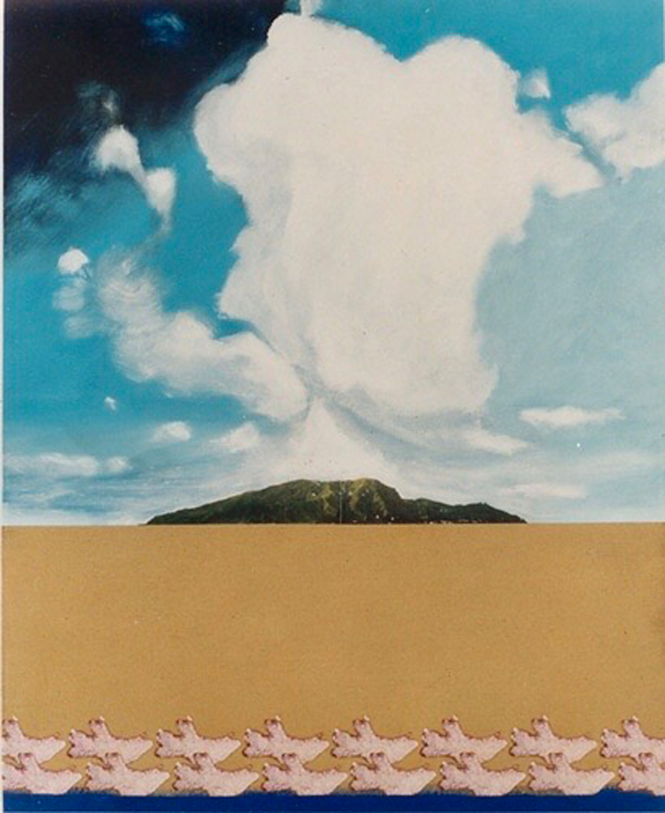A painting of amoeba drifting towards land