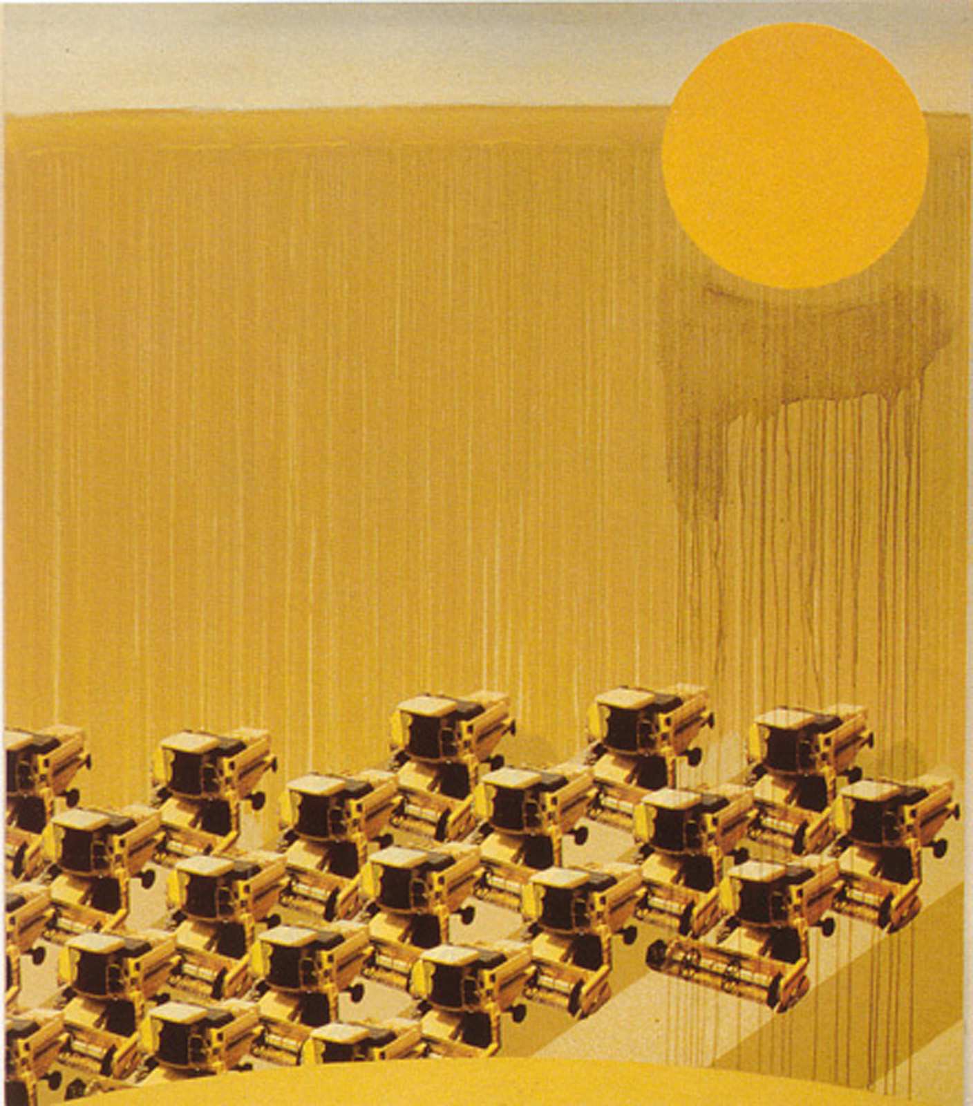 A painting of combine harvesters harvesting a field