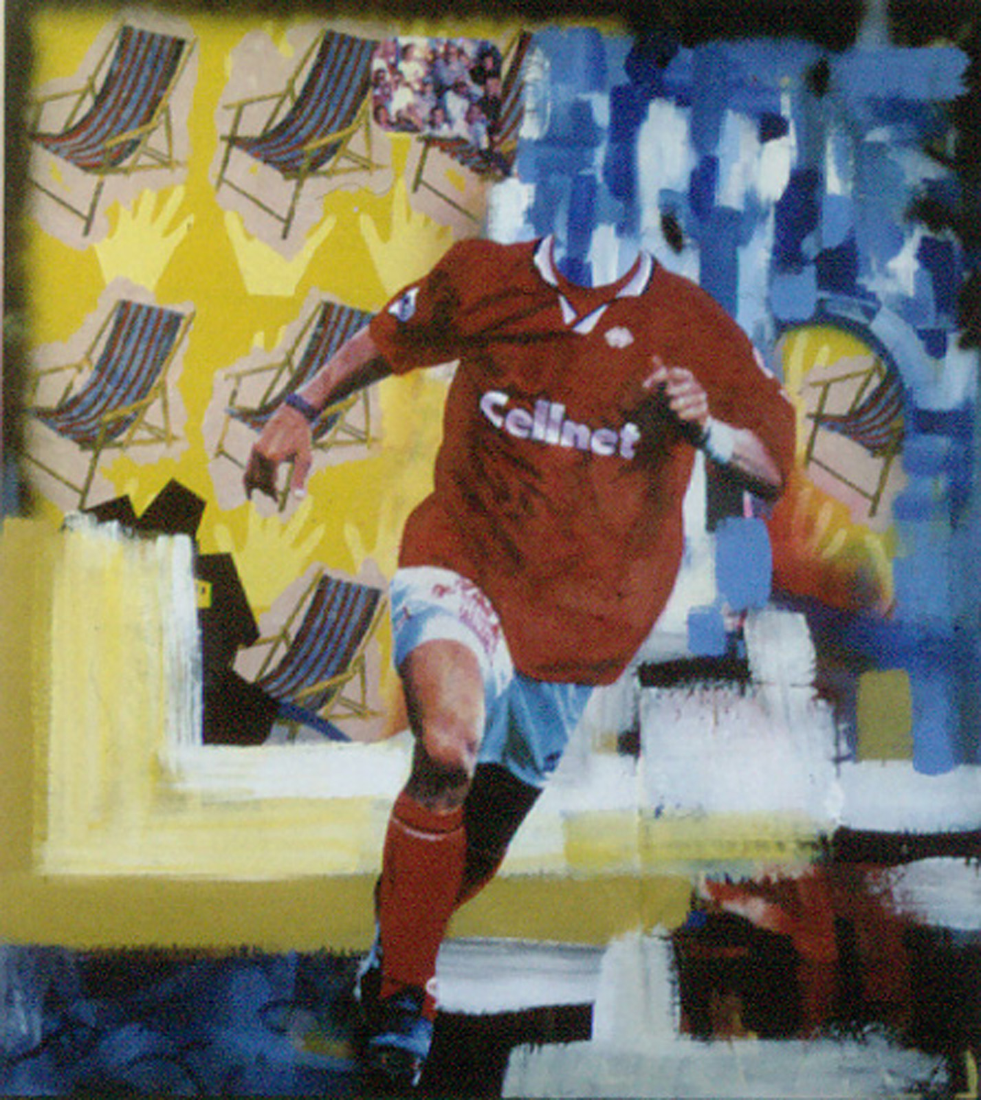 A painting of a headless footballer surrounded by deckchairs