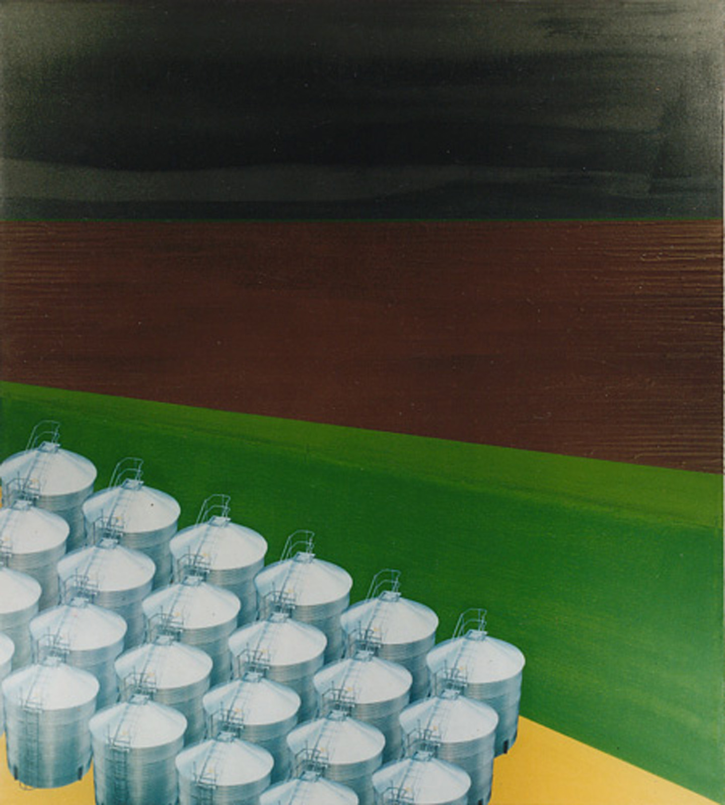 A painting of grain silos next to a bursting levvy