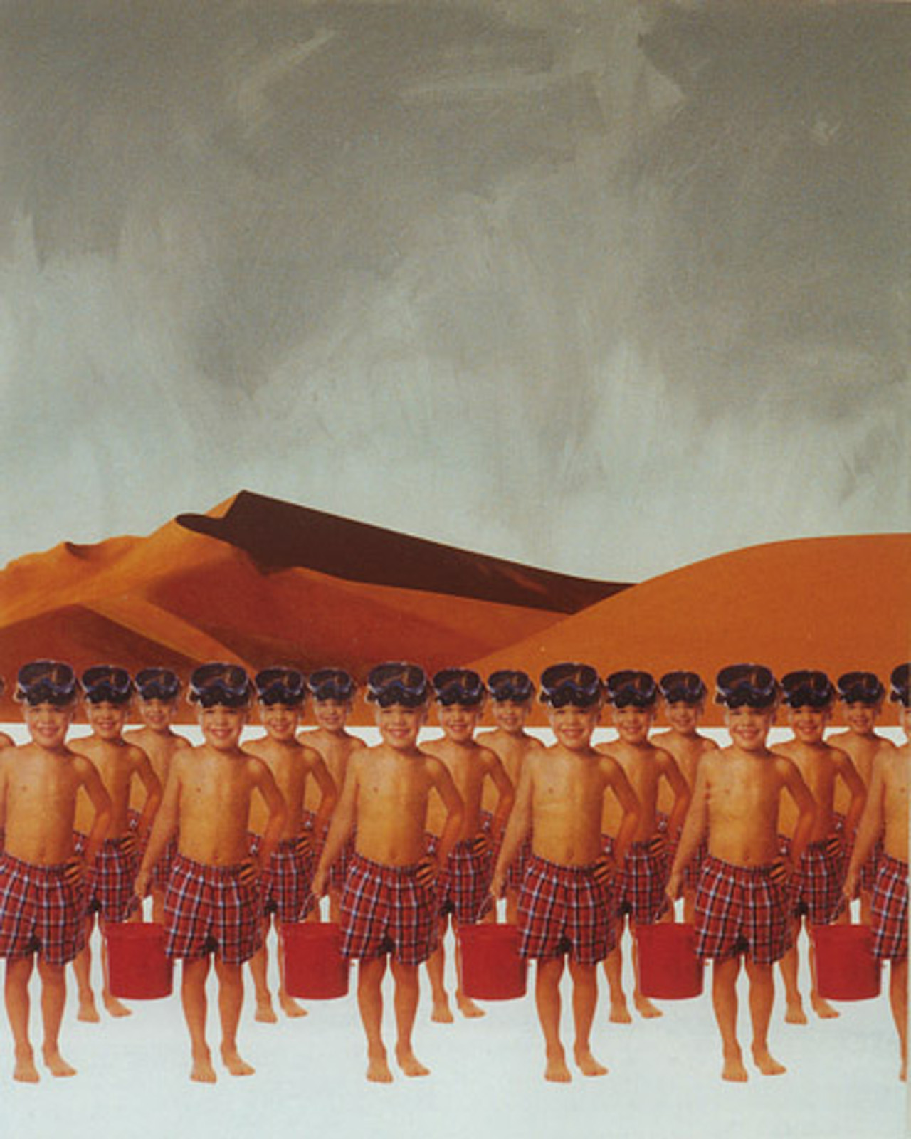 A painting of boys with red buckets and snorkels on a beach