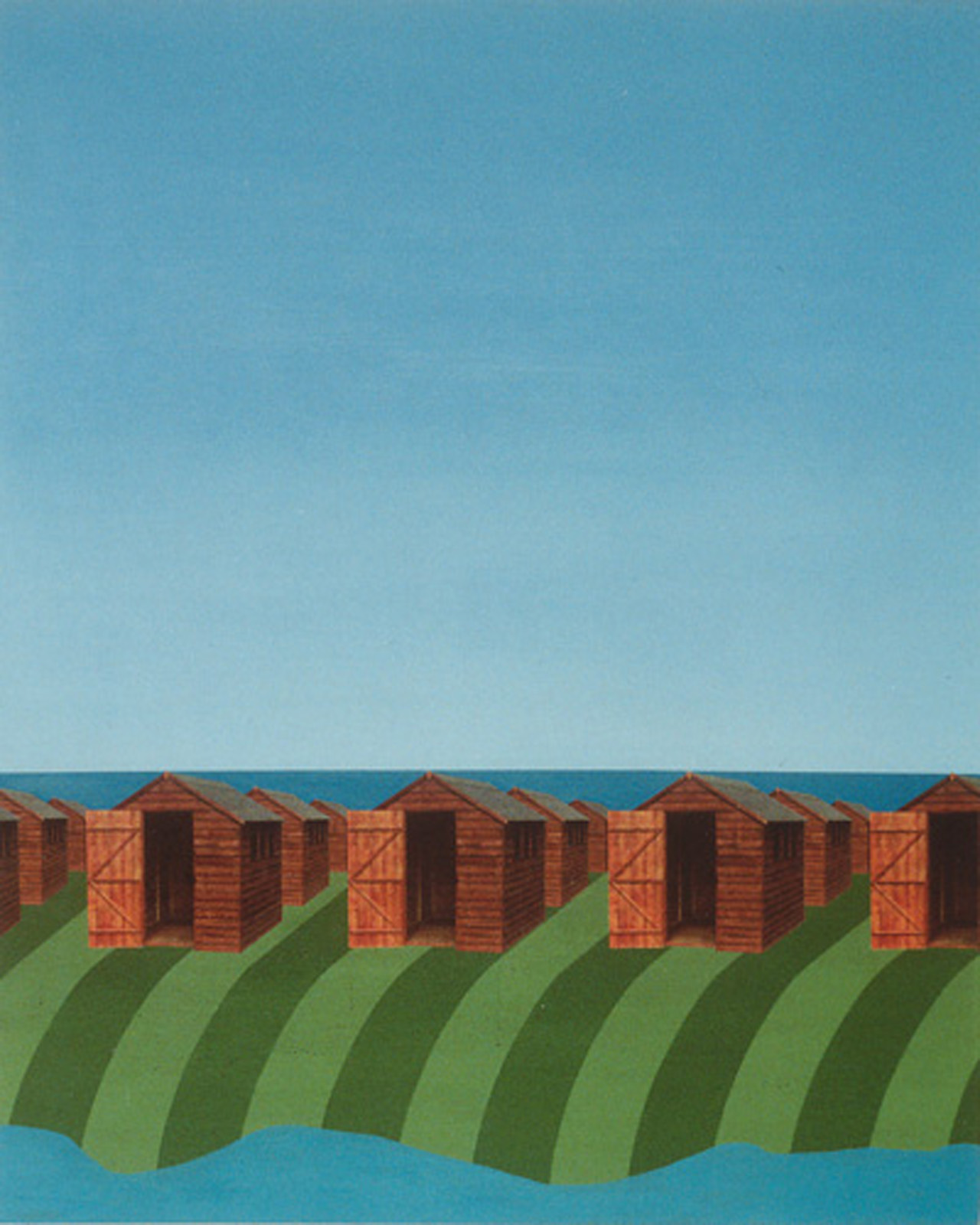 A painting of garden sheds on an island
