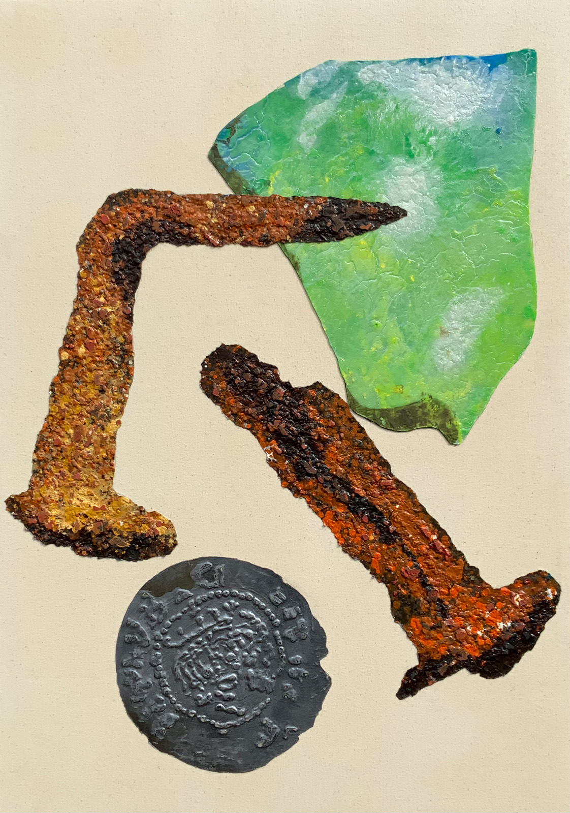 Painting of a hammered coin, nails and glass from the Lincolnshire Series